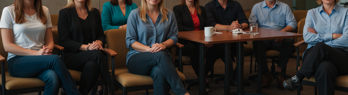 Several people at a meeting, with faces obscured